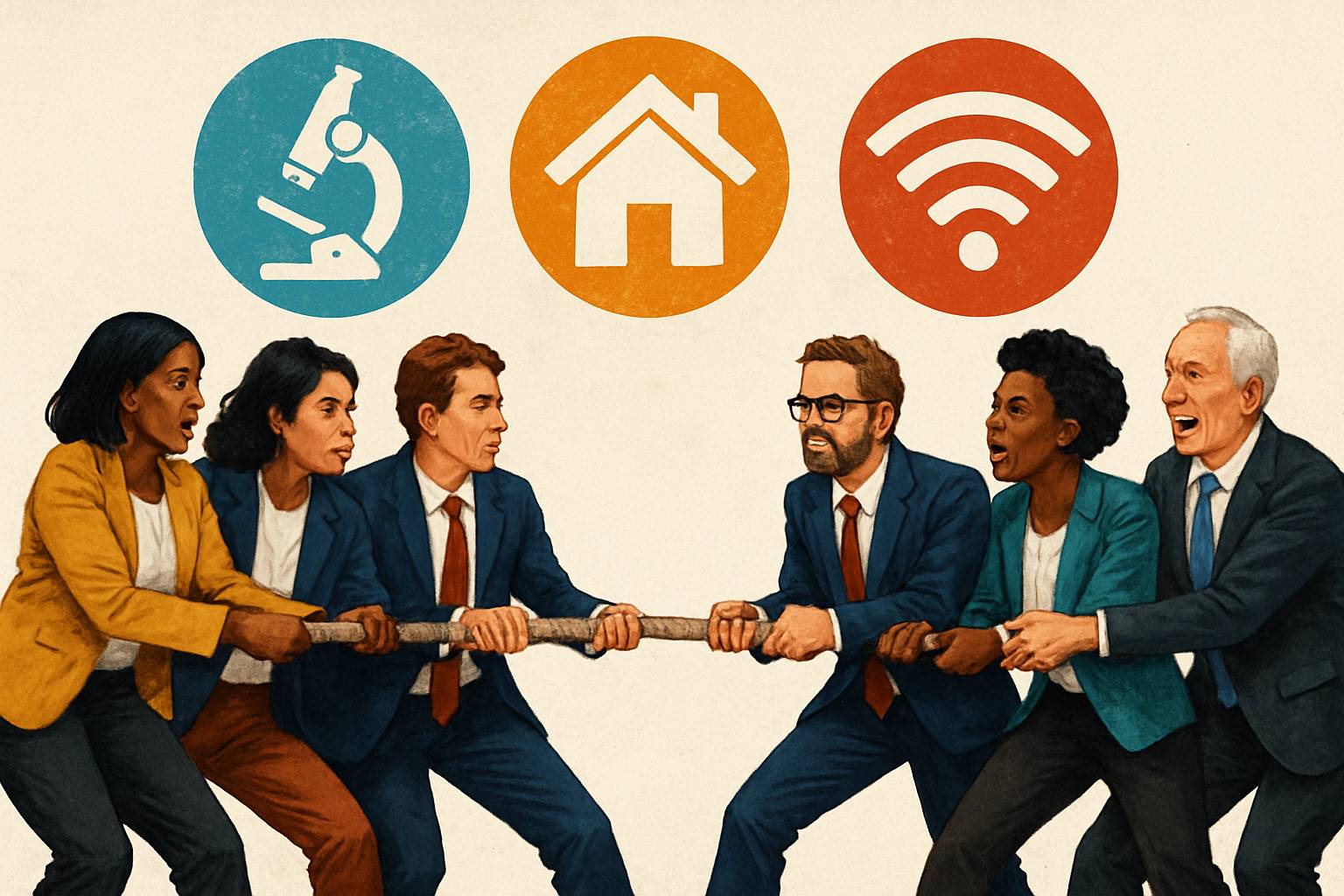 Federal Authority depicted as a tug-of-war over research and housing investments.