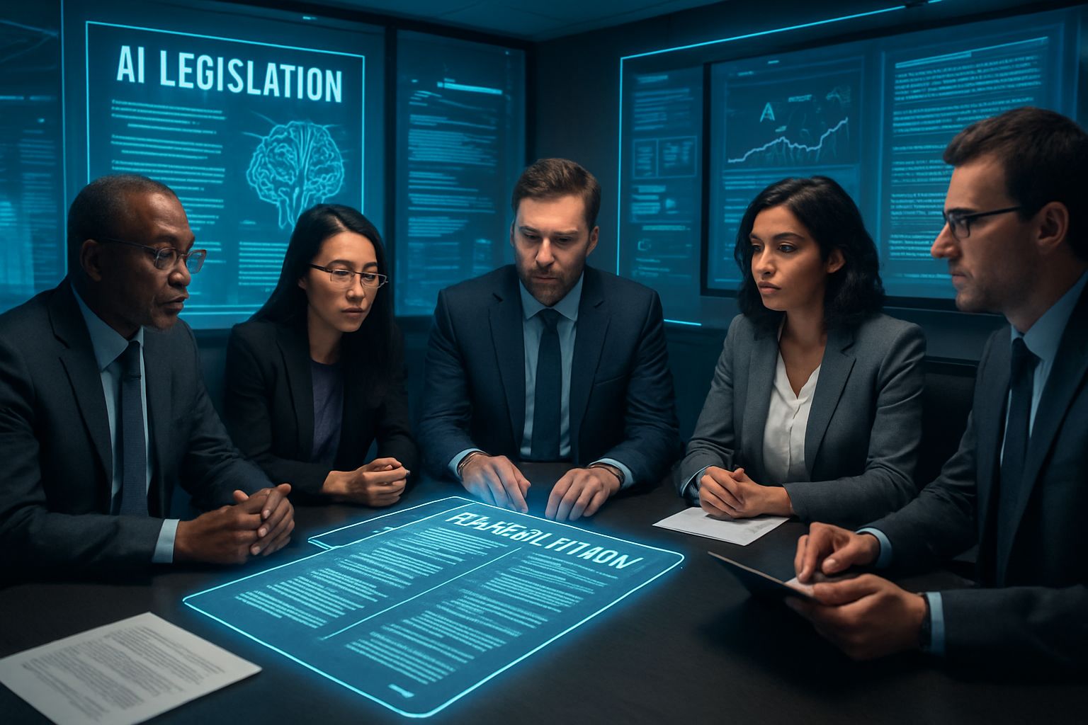 Policymakers discussing state-level AI governance proposals in a high-tech setting.