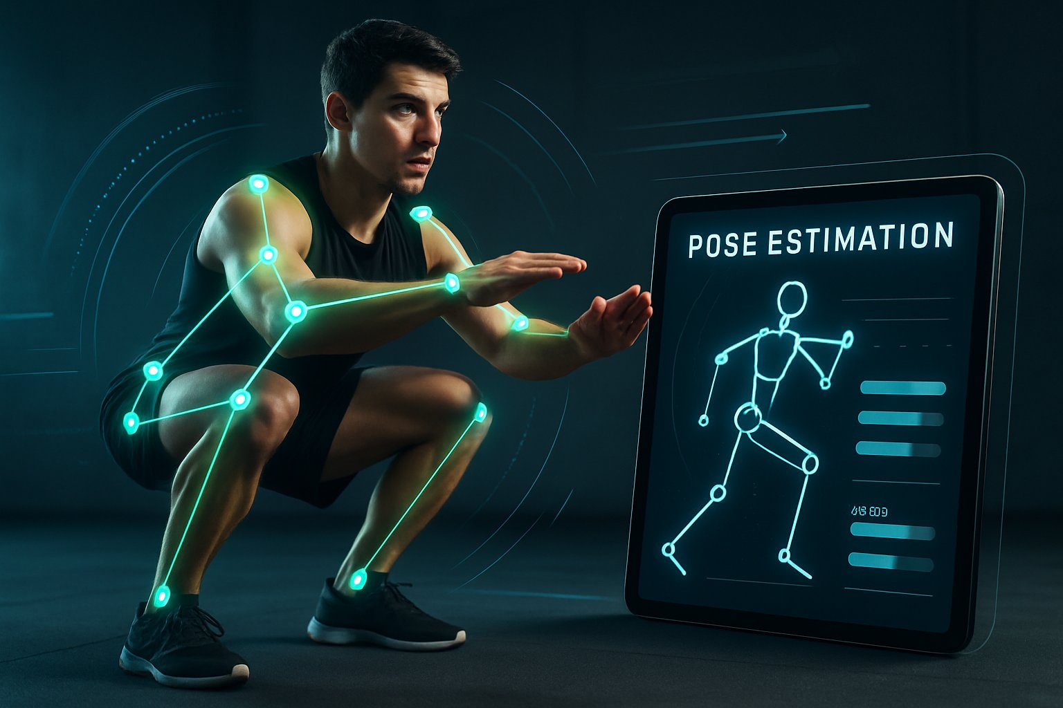 Fitness Tech motion-tracking AI form correction illustrated with pose estimation overlays