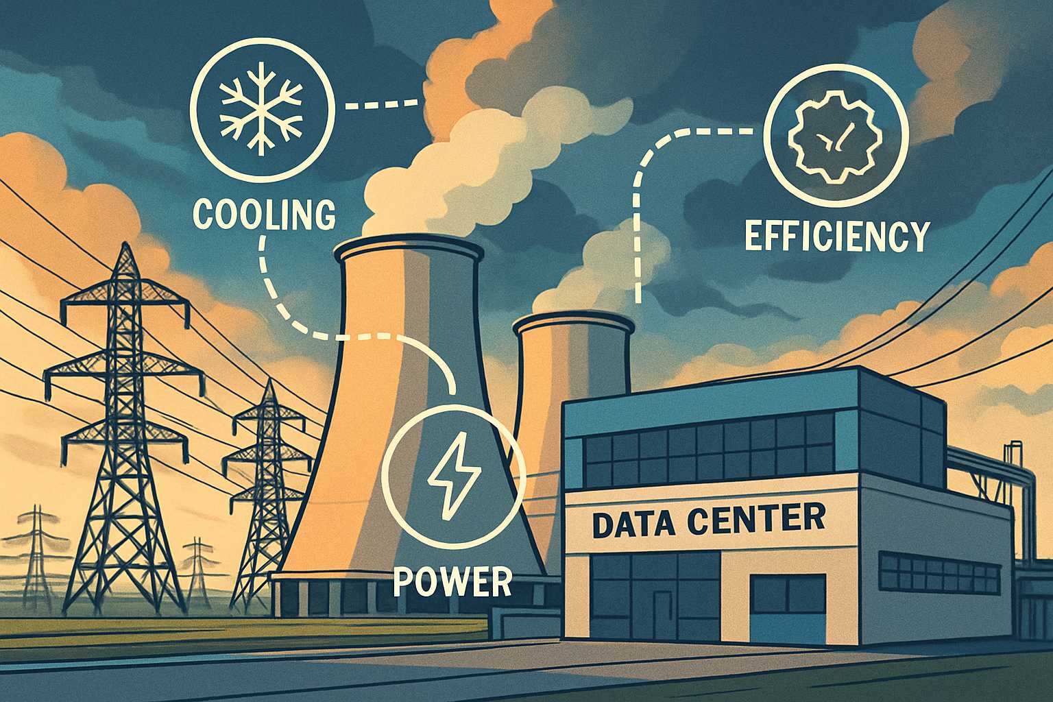 Data Center Overhaul illustrated with cooling towers and grid lines.