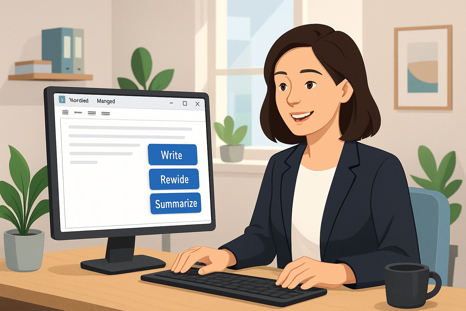 Professional using Microsoft Notepad AI summarization and writing tools in a modern office.