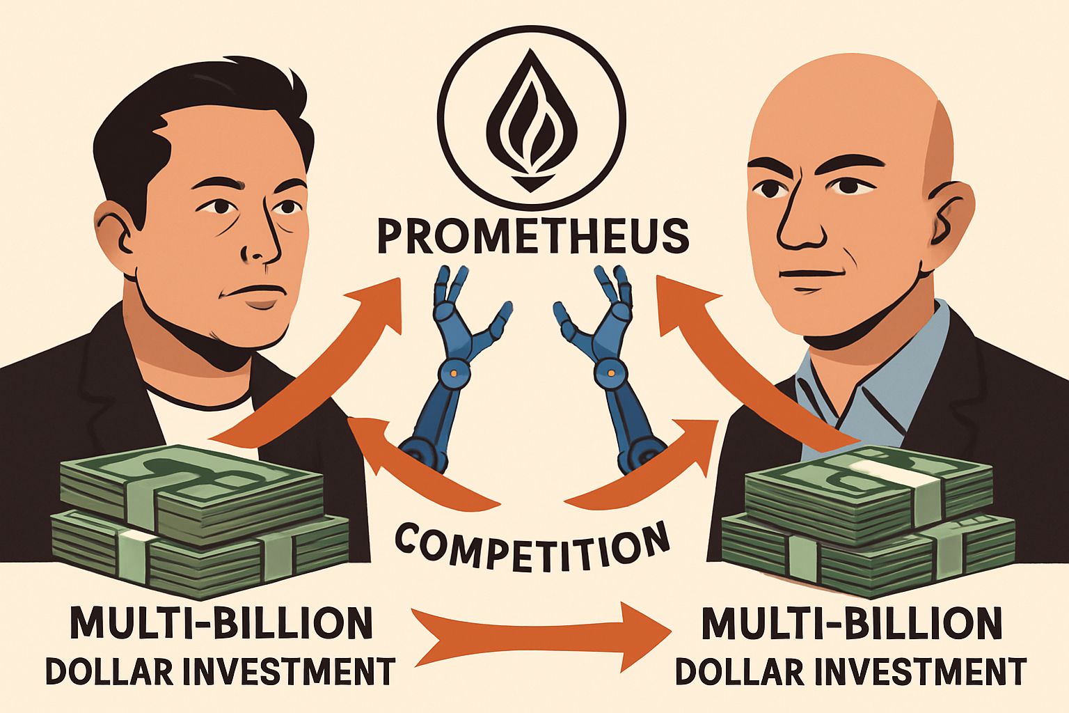 tech billionaire AI rivalry infographic showing Project Prometheus investments and Musk versus Bezos