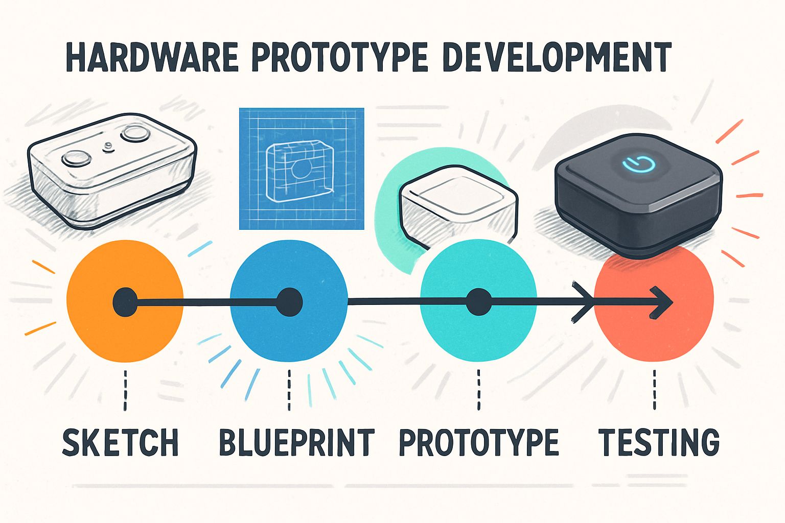 Hardware Prototype development timeline infographic with design evolution visuals.