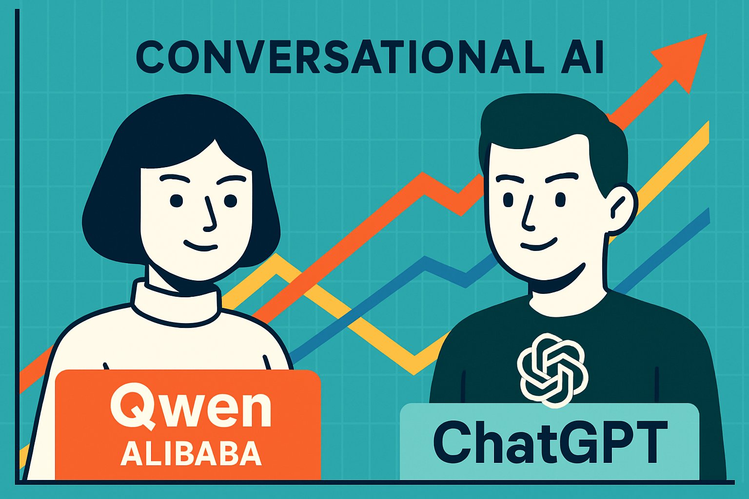 Alibaba’s Qwen and ChatGPT avatars competing in the Conversational Intelligence Market infographic.