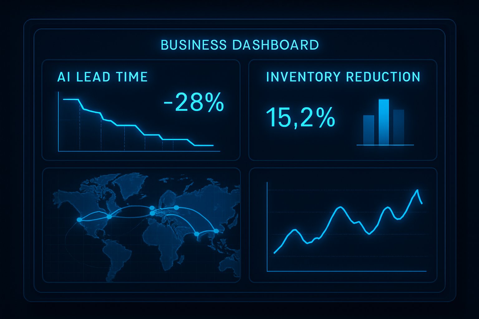 Supply Chain dashboard displaying AI lead time predictor and inventory savings.
