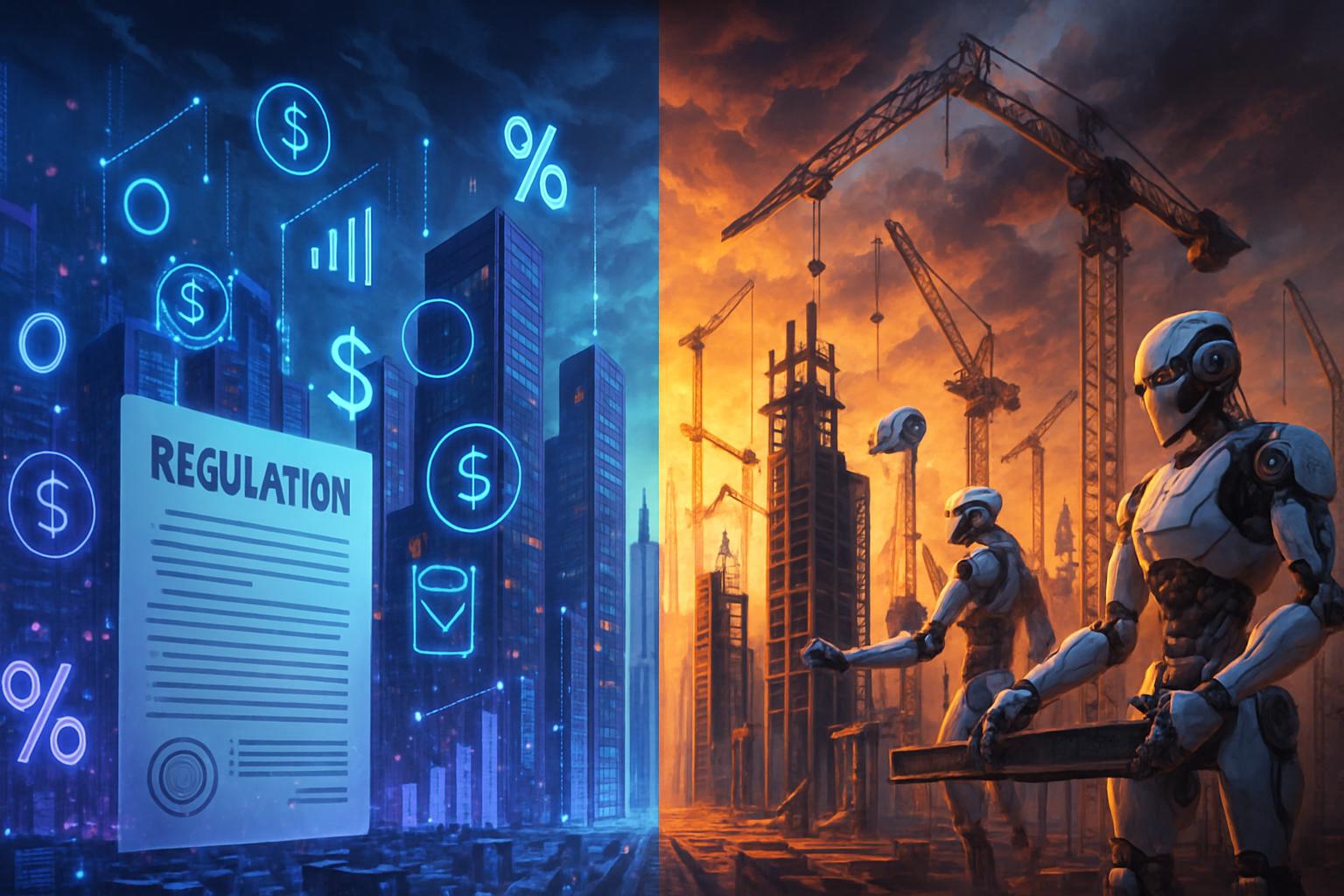 AI Financing Regulation impact illustrated as a city divided between finance laws and AI construction.