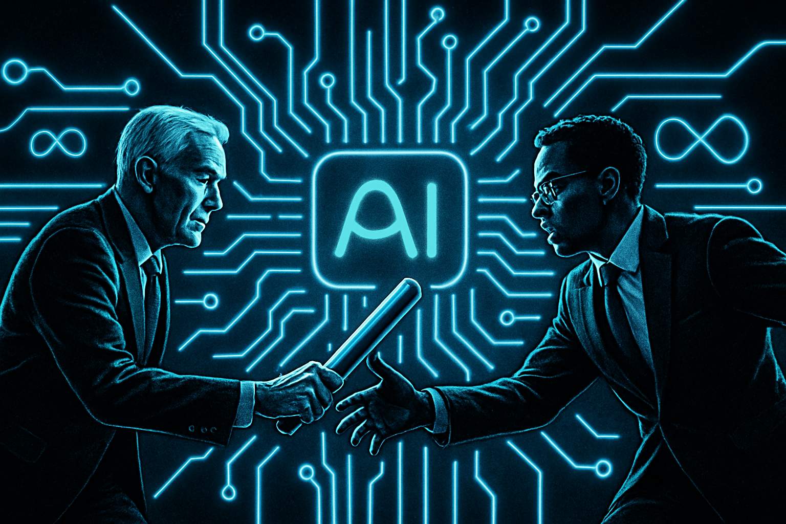 Transition of generational AI leadership depicted with relay baton at Meta.