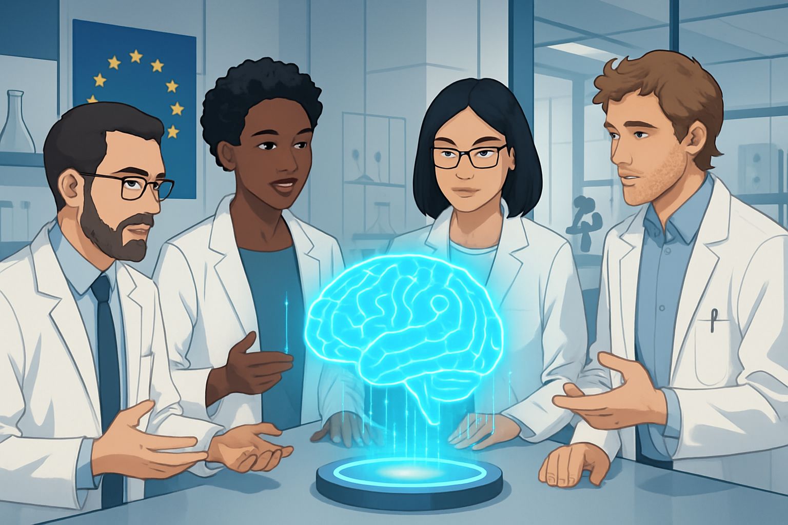 Researchers collaborate around AI brain representing AI science collaboration in Europe.