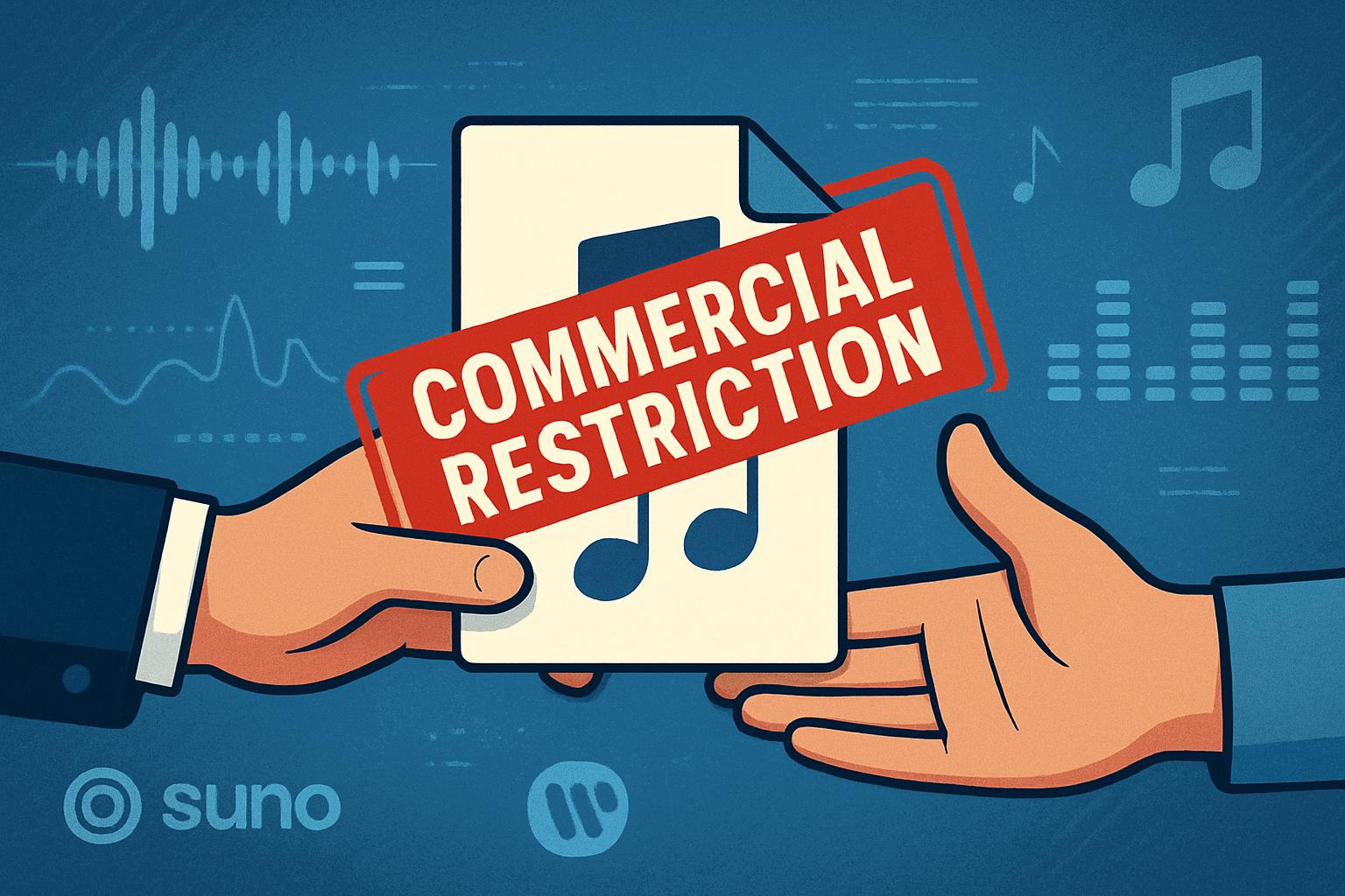 Illustration showing Commercial Restriction stamp stopping AI music file exchange.