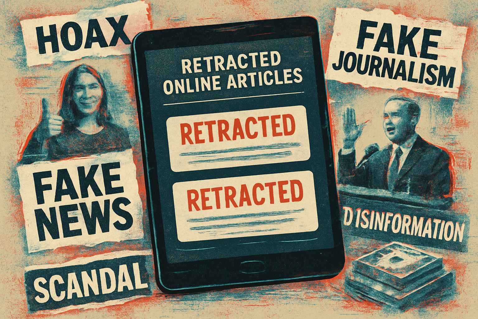 Retracted articles and digital evidence of Fake Journalism displayed on a tablet.