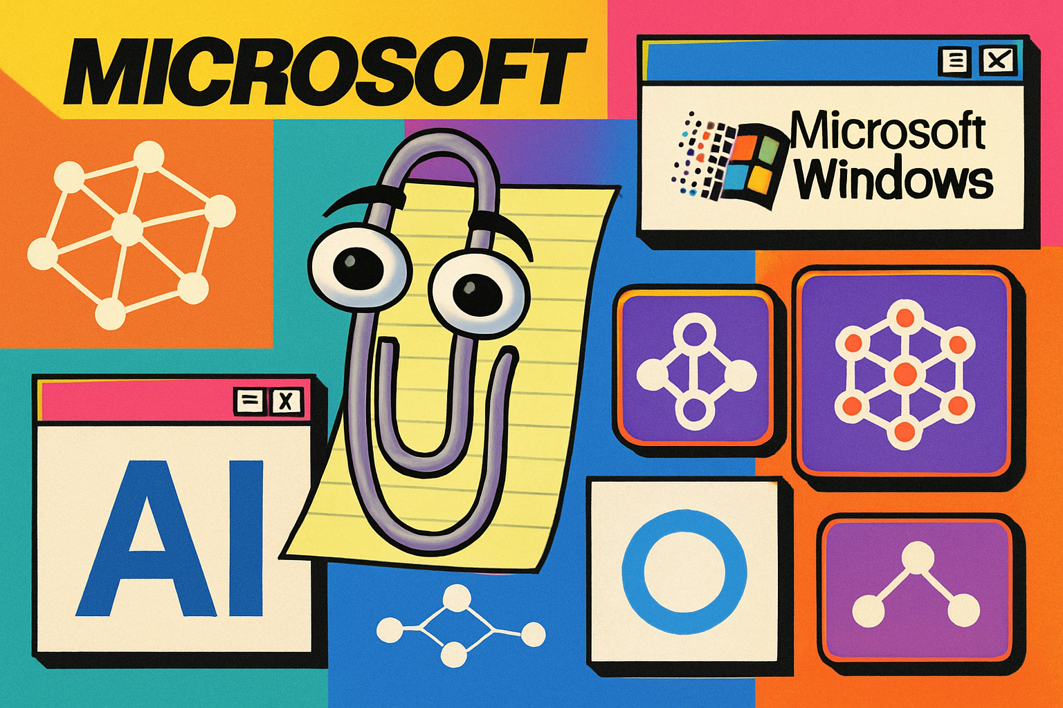 AI nostalgia marketing visualized with Clippy and modern AI symbols in a retro-modern collage.