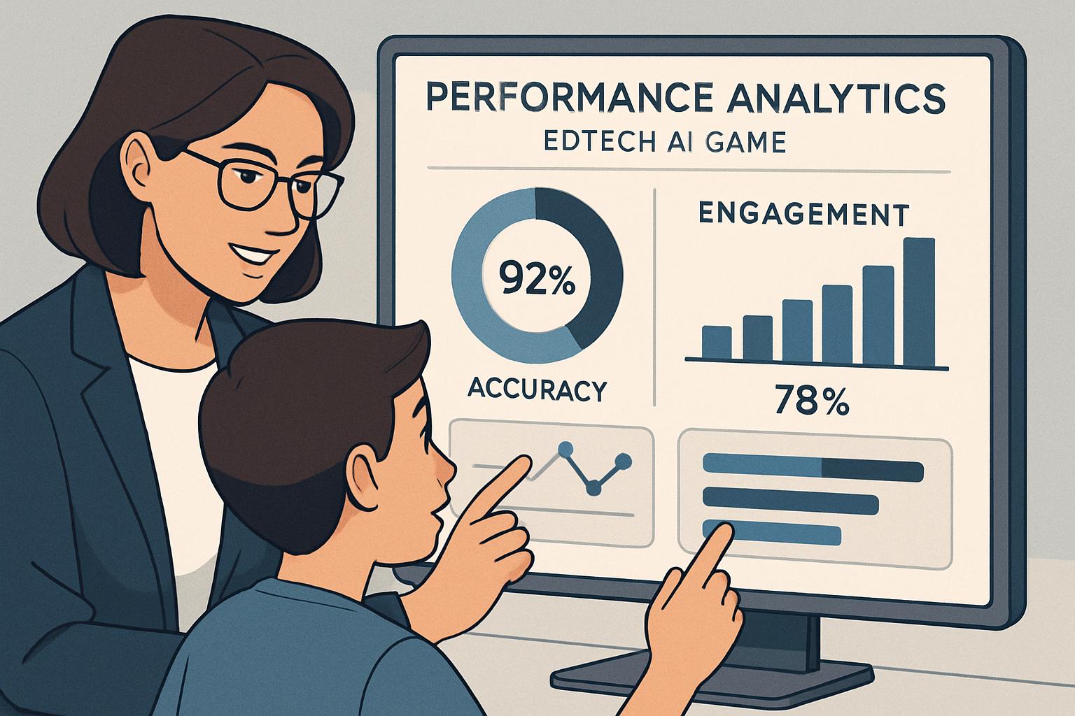 Teacher and student analyzing EdTech AI game analytics for classroom impact.