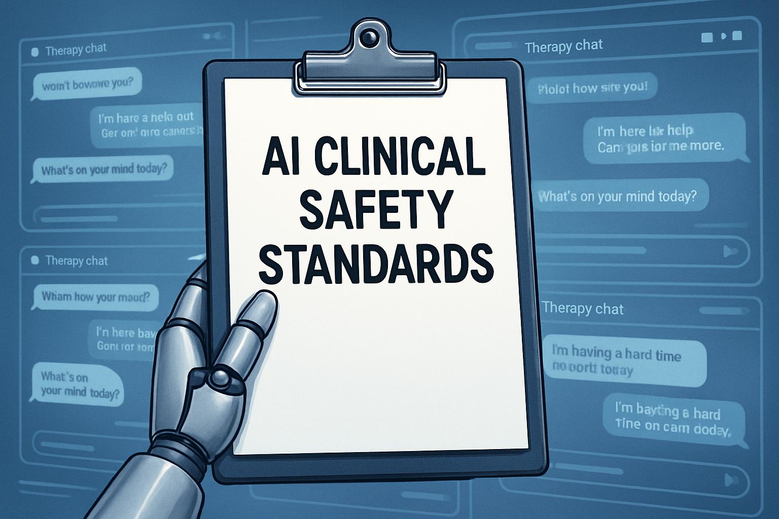 Robot holds AI Clinical Safety Standards clipboard for therapy chatbot safety