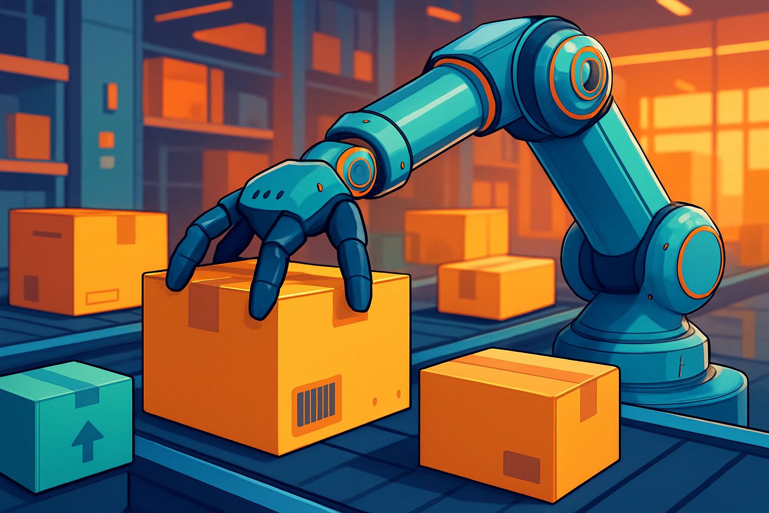 AI in Logistics with tactile robotic arm sorting parcels in an automated warehouse.