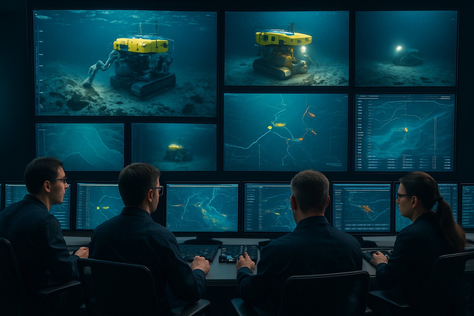 Mining Automation control center overseeing deep-sea robotic mineral harvest operations.