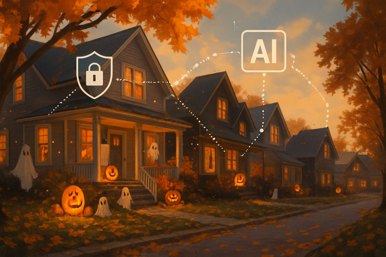 Suburban neighborhood decorated for Halloween 2025 rollout with digital safety icons