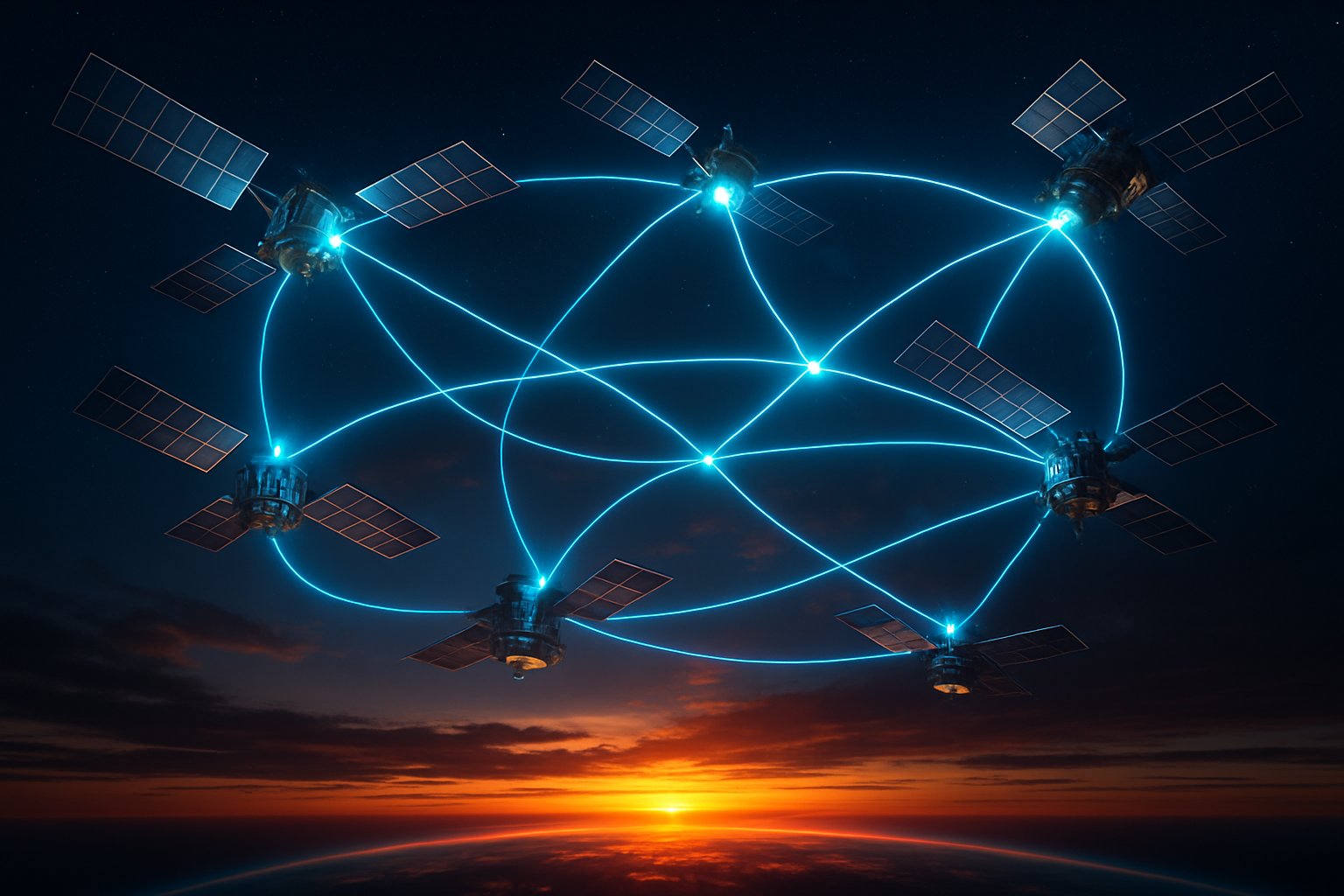 Satellites linked by glowing data streams represent orbital computing infrastructure advancements.