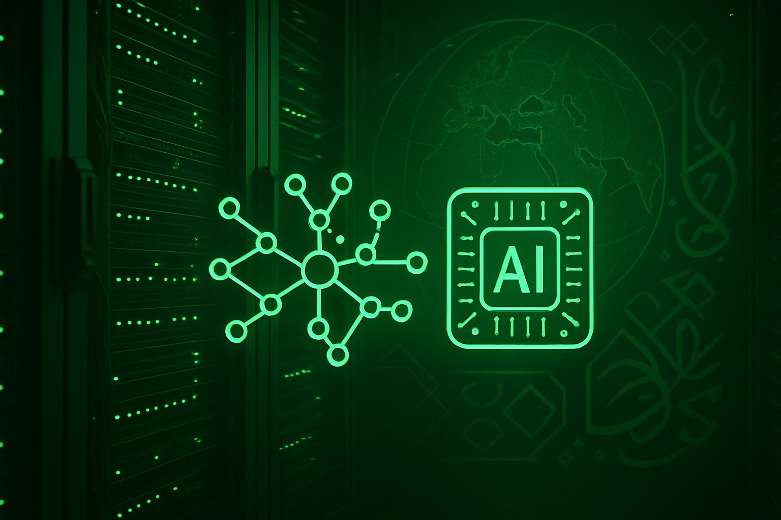 Sovereign AI data center server racks with Saudi design motifs and neural networks.