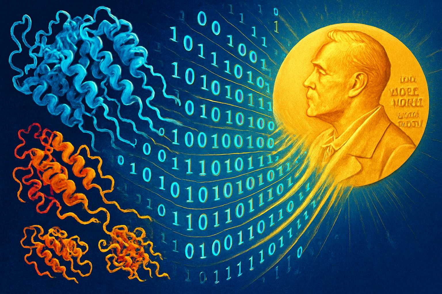 Digital artwork depicting a visionary achievement milestone blending protein science and artificial intelligence.