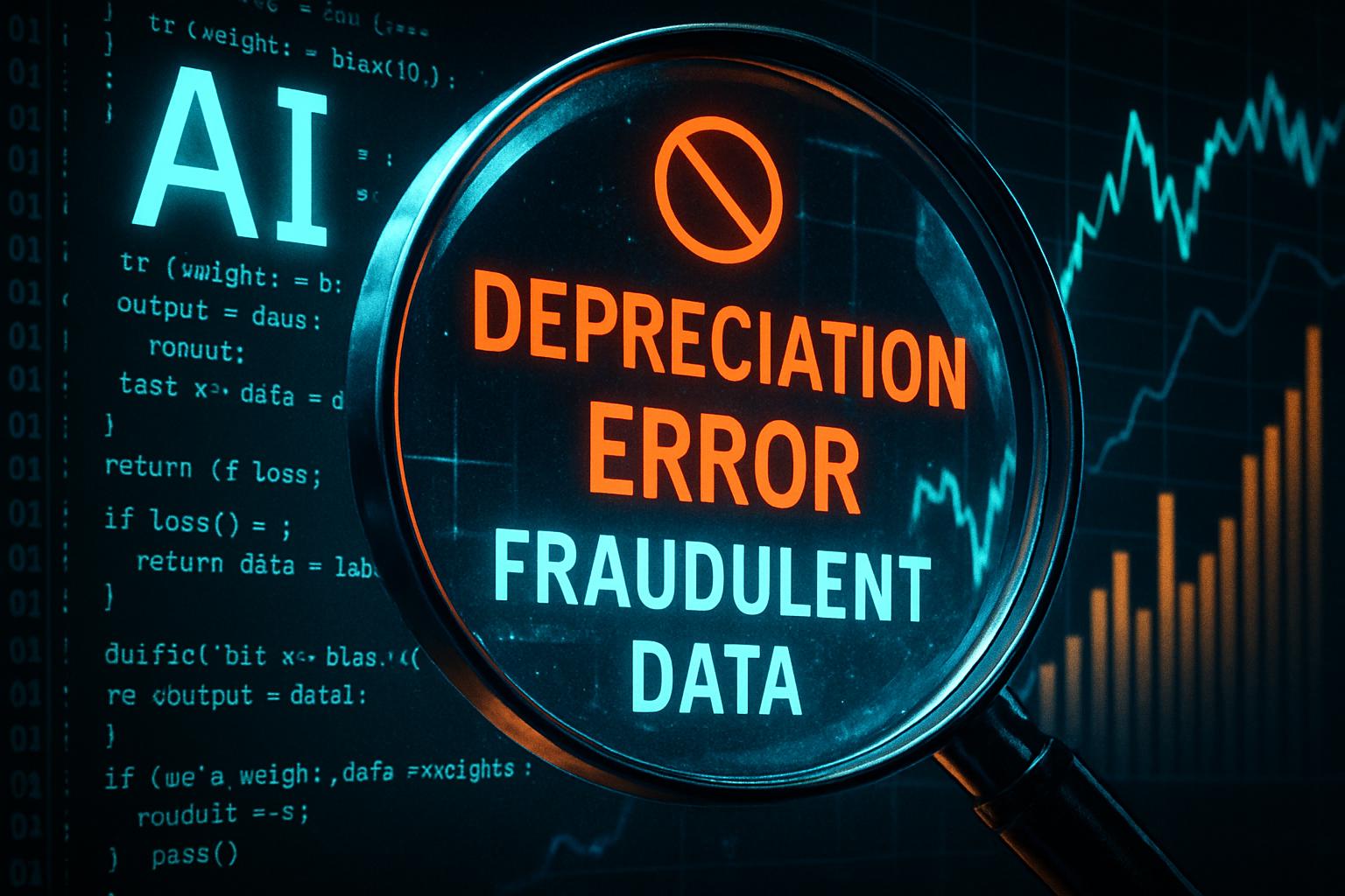 Magnifying glass examining AI code and market charts for AI Market Integrity.