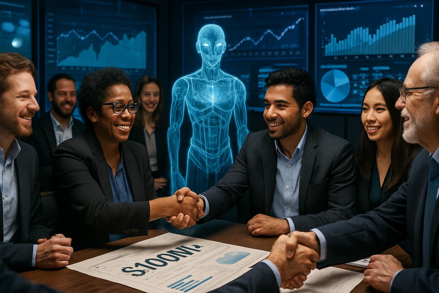 VC Investment agreement in boardroom with $100M mega-round documentation