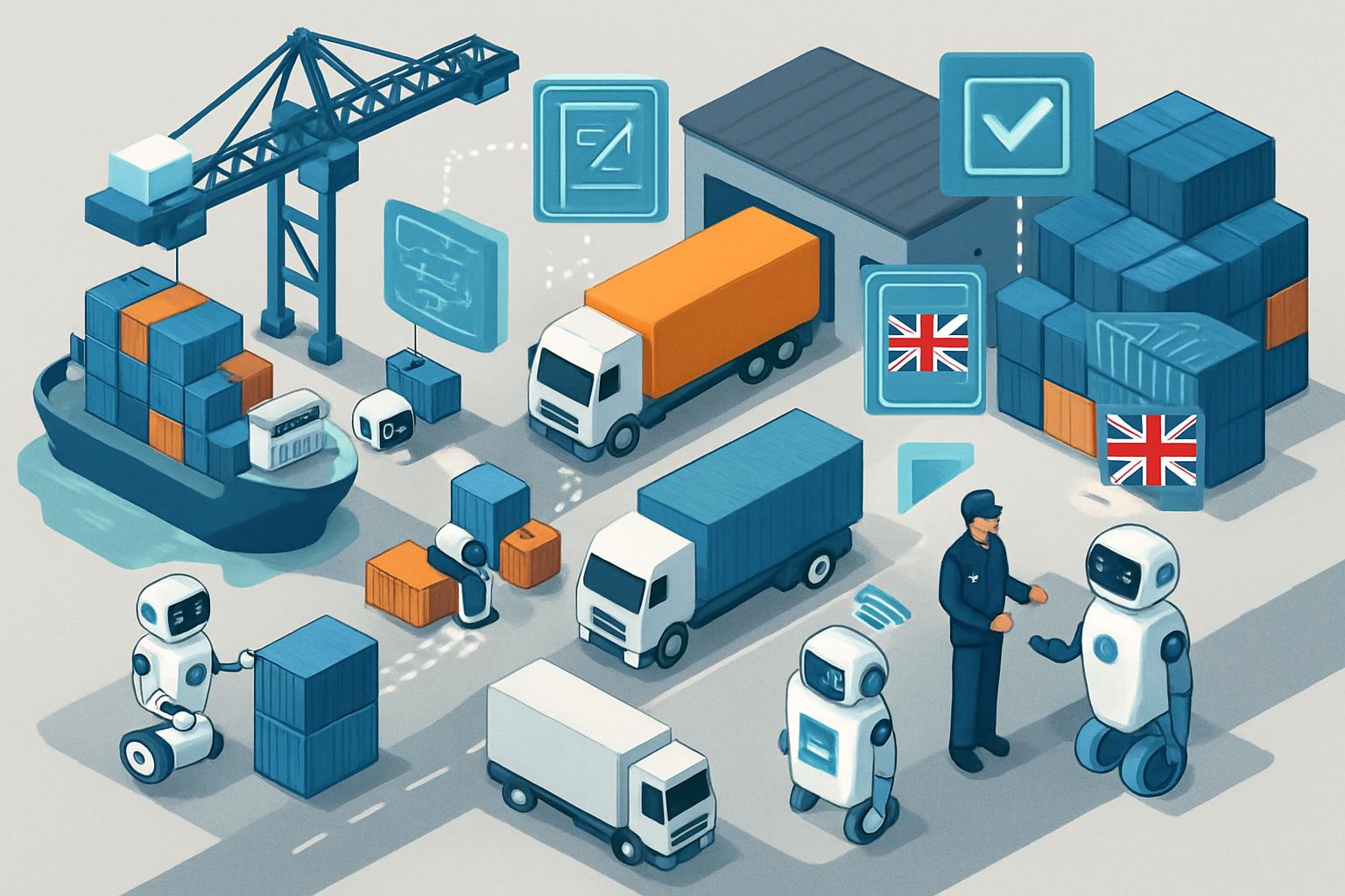 Isometric illustration of Logistics AI streamlining port customs and supply chain operations