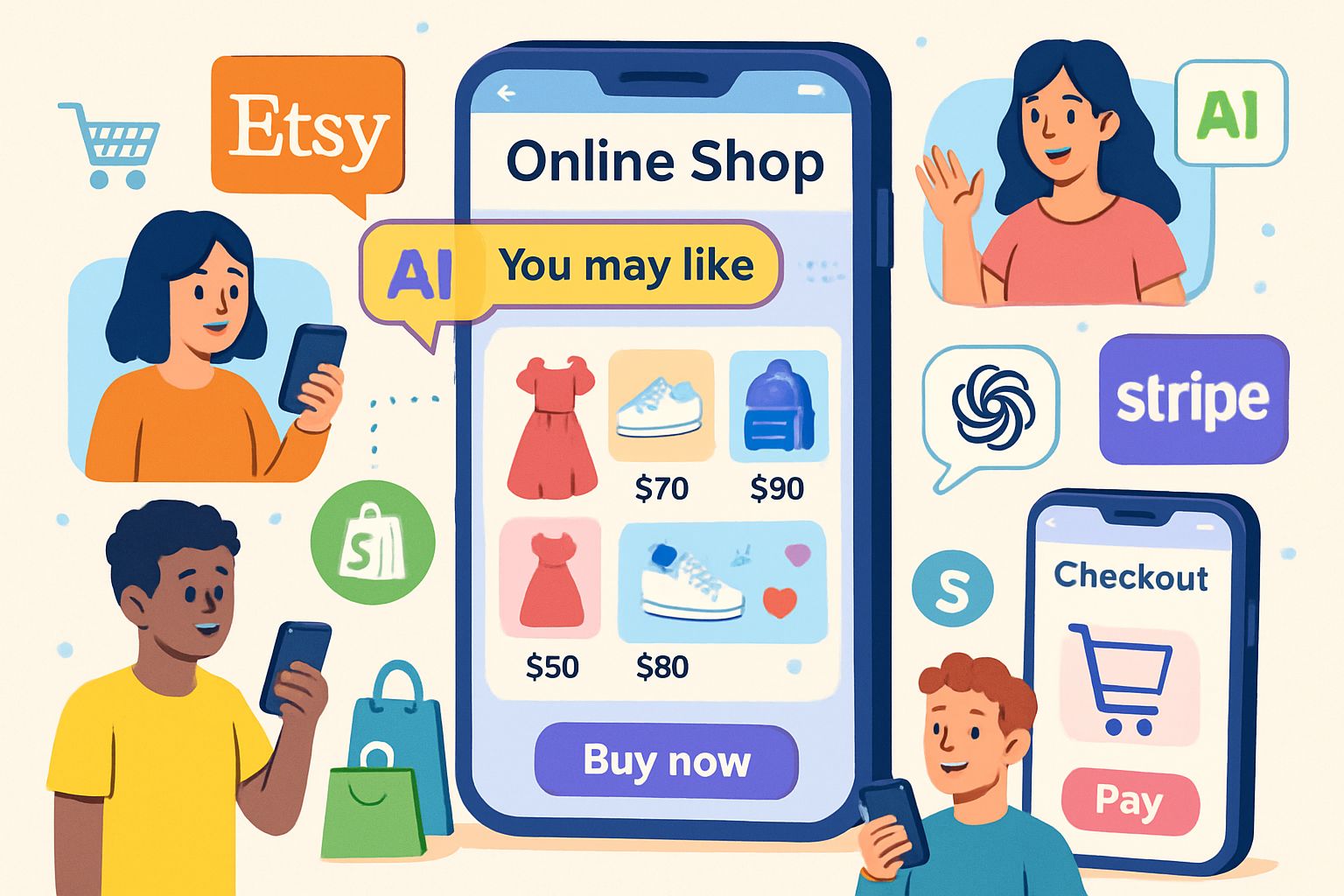 Retail AI integration enabling personalized product suggestions and instant checkout online.