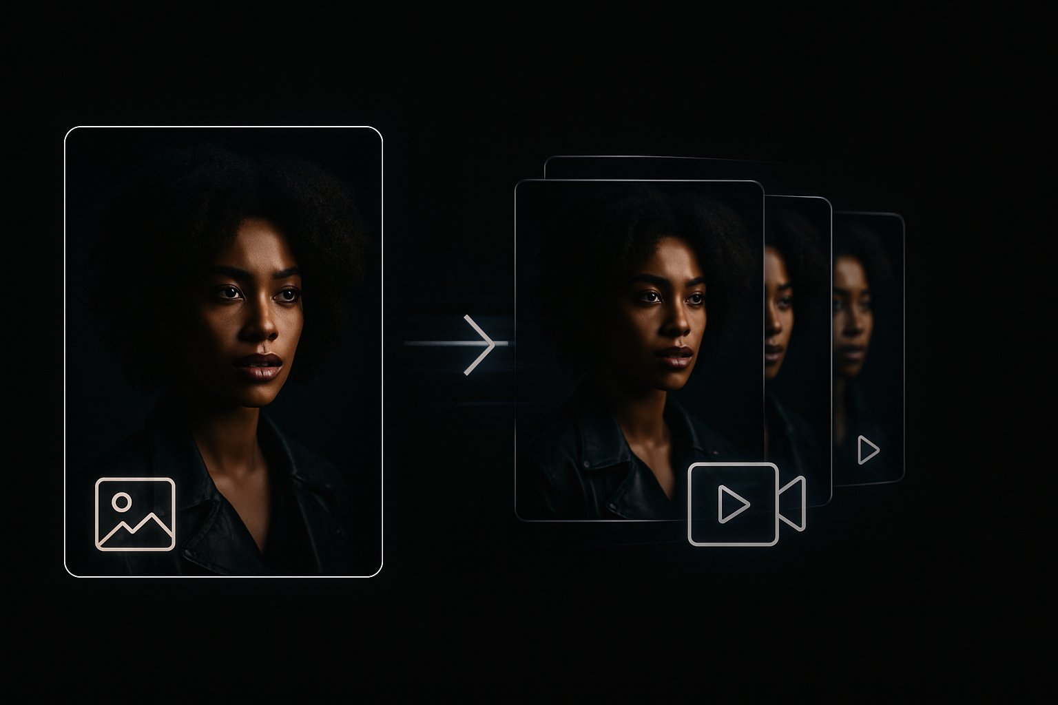 Conceptual morph from photograph to video frames showcasing image-to-video conversion.