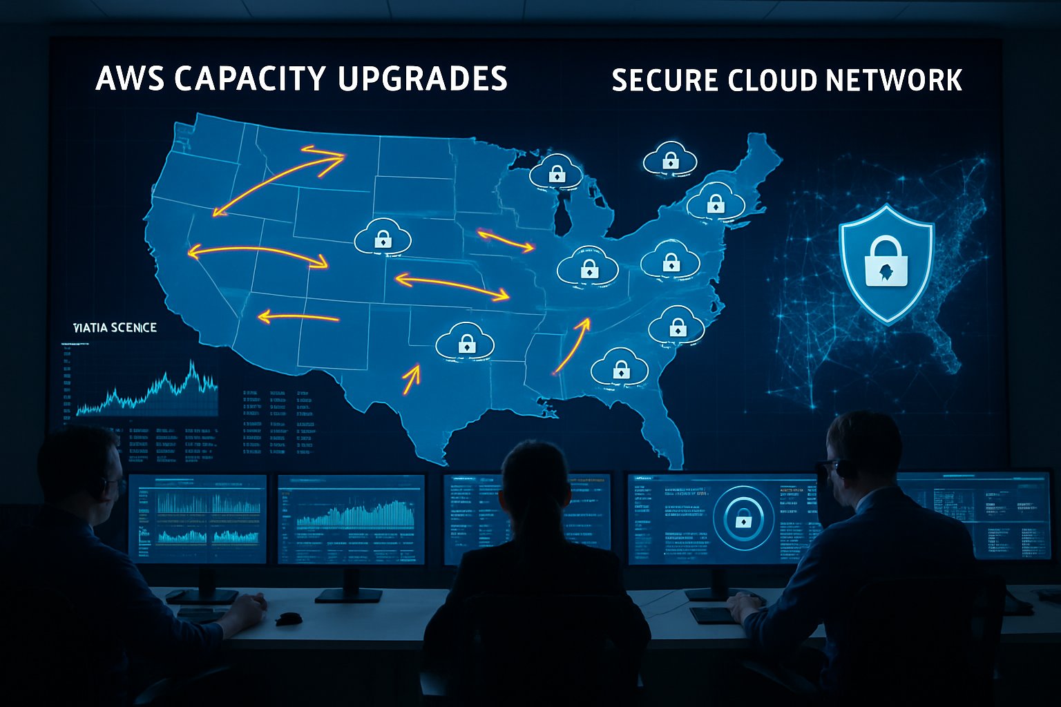 Technicians monitor AWS Capacity upgrades and secure cloud infrastructure.