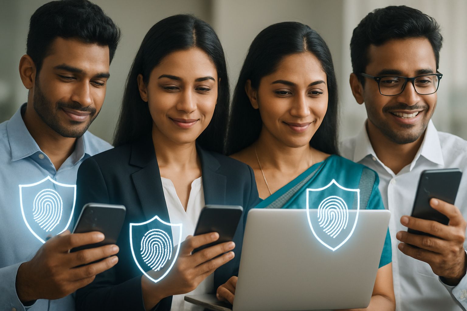 Indian professionals protected by digital shields and fingerprint patterns for Identity Security.