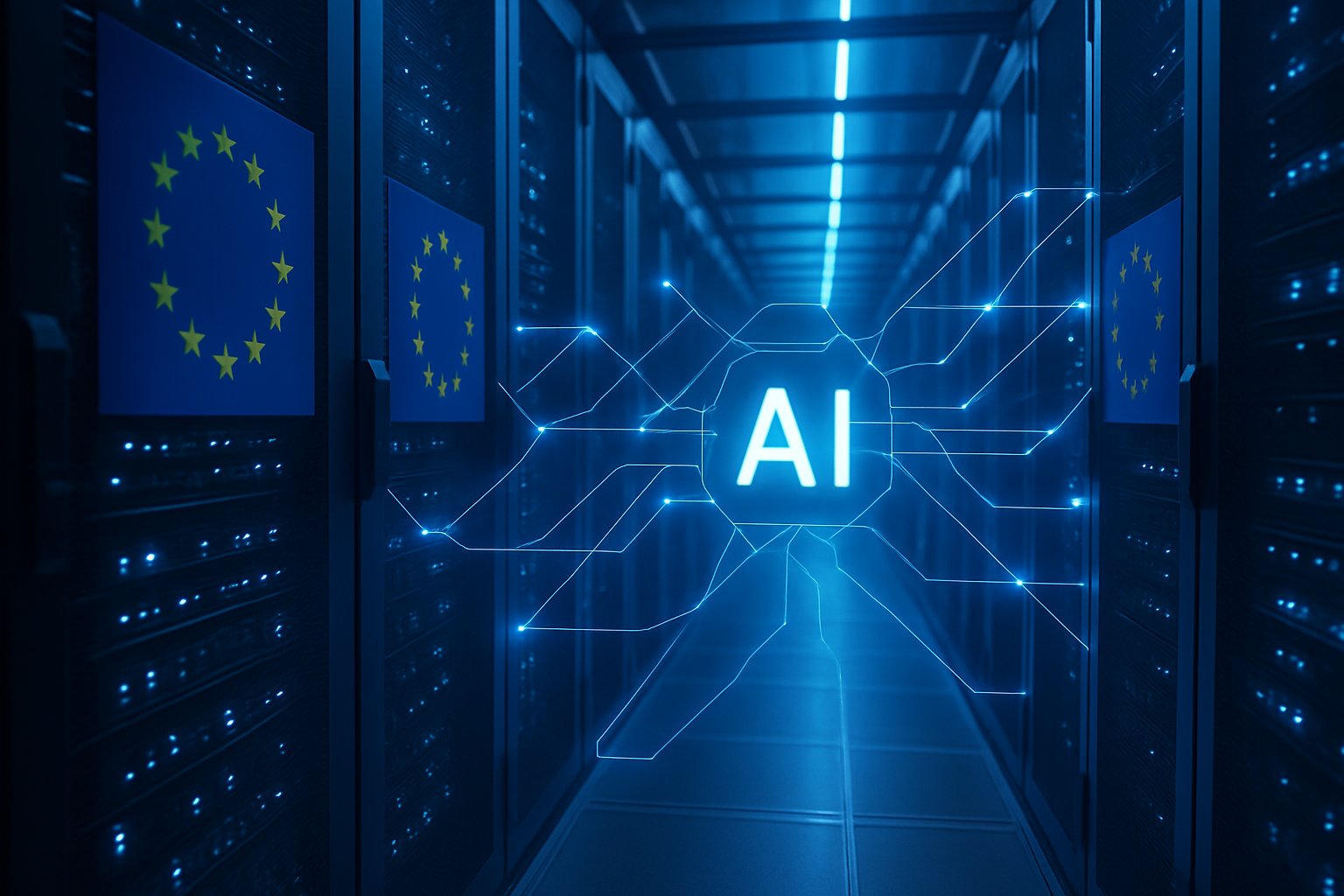 Secure European data center showcasing Sovereign Cloud with EU flags and AI network lines.