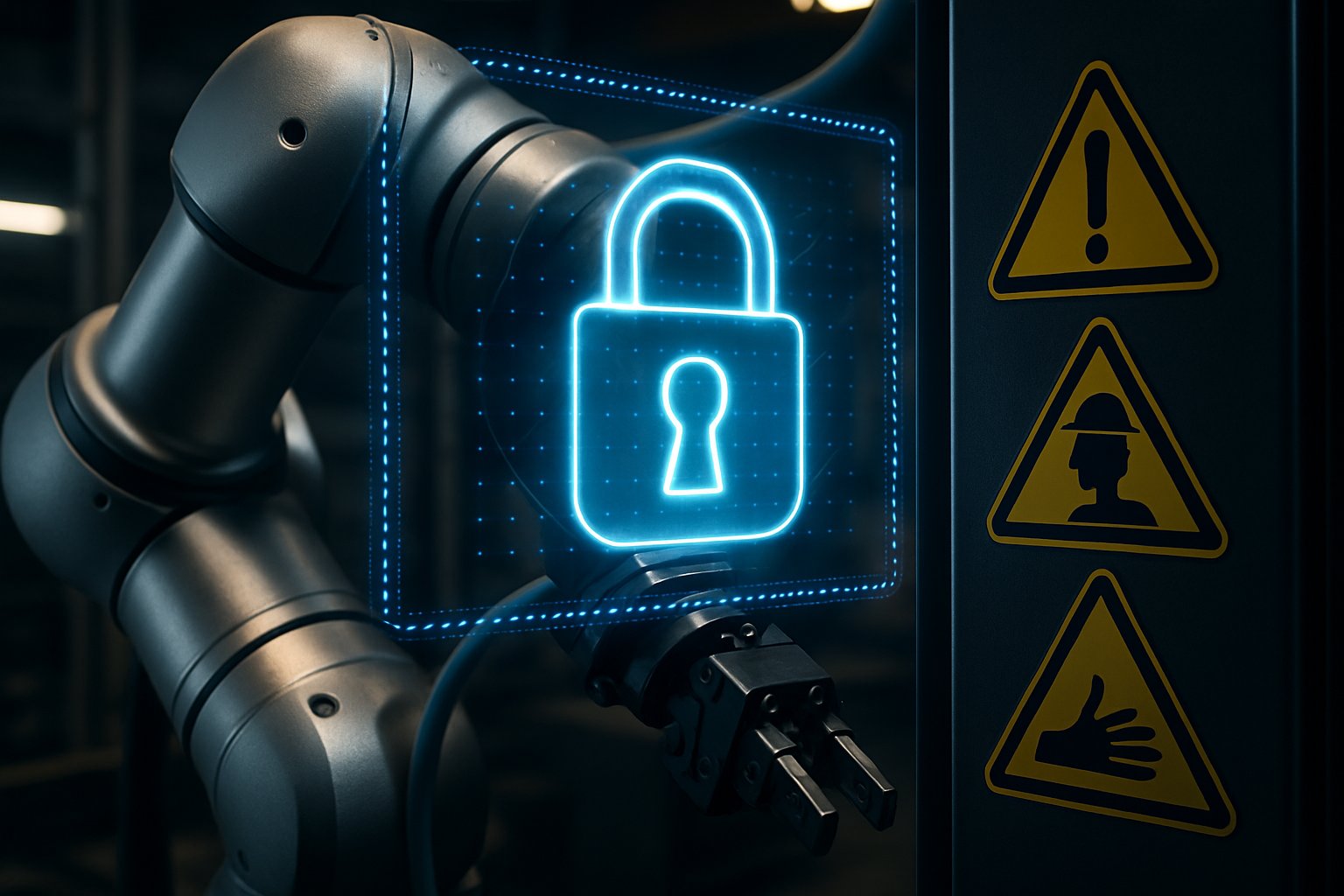 Industrial Safety in focus with a robotics arm protected by cybersecurity locks and safety symbols.