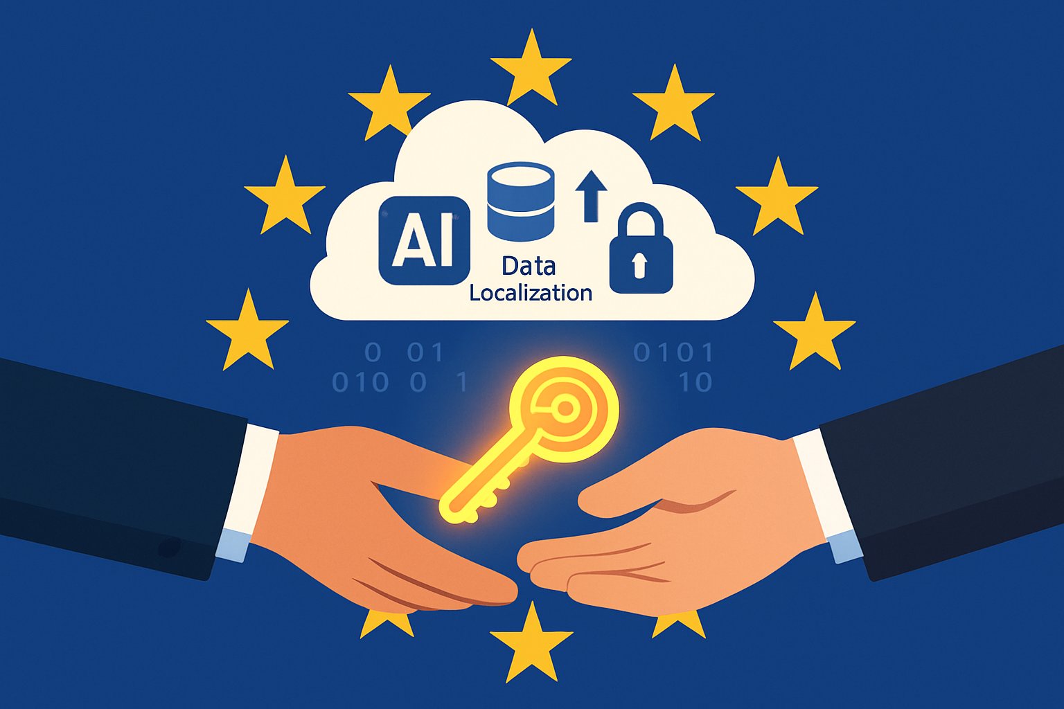 AI Data Localization concept with EU flag, cloud icons, and secure data exchange illustration.