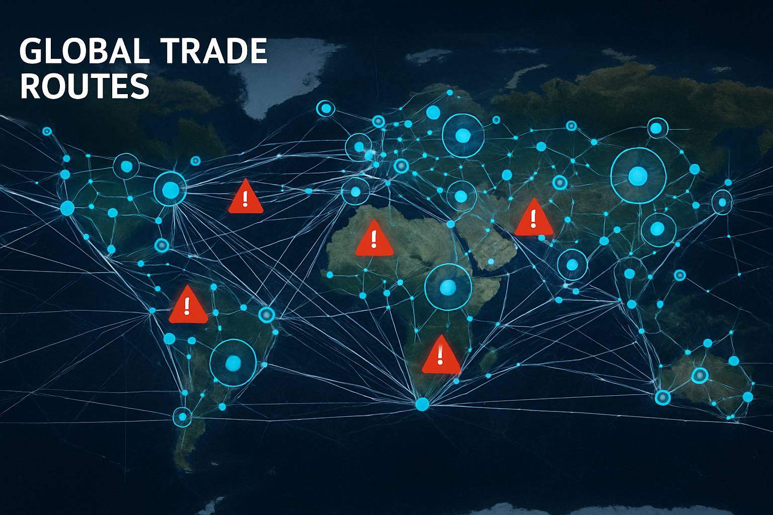 Smart data nodes and AI icons highlight anomaly detection in maritime security trade routes.