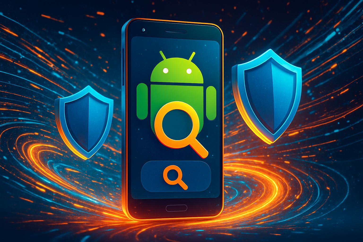 Digital Android scene symbolizing security and search engine competition in mobile market