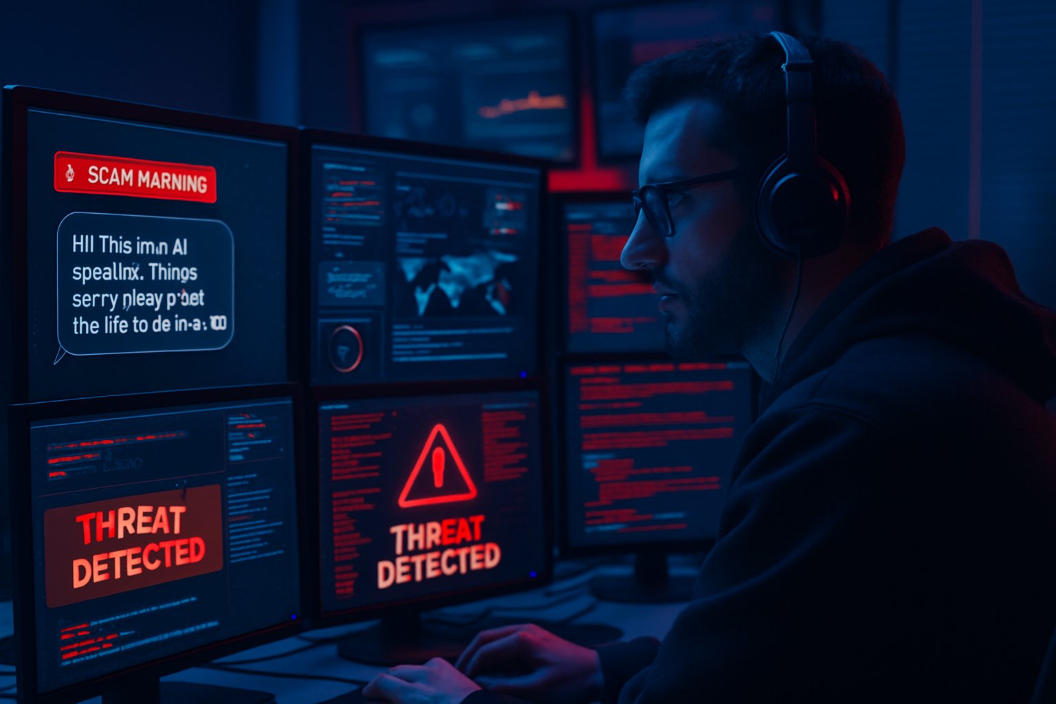 Cybersecurity analyst tracks surge in AI text fraud alerts on screens.