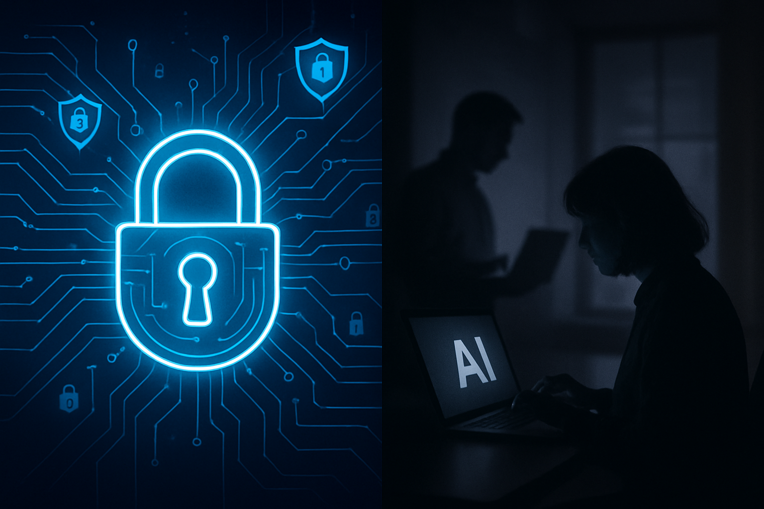 Split view of cybersecurity and discreet employee shadow AI usage.
