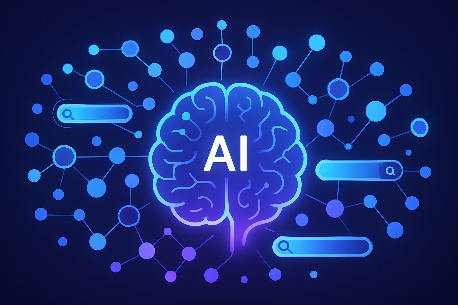AI Search Innovation depicted by an AI brain networked with semantic data nodes.