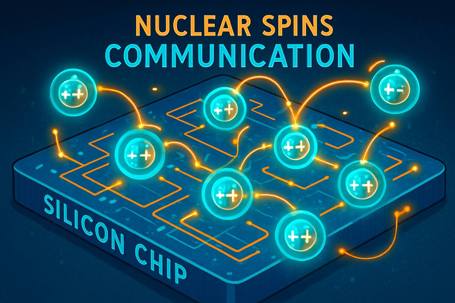 Quantum scalability breakthrough depicted on a silicon chip with nuclear spin connections.