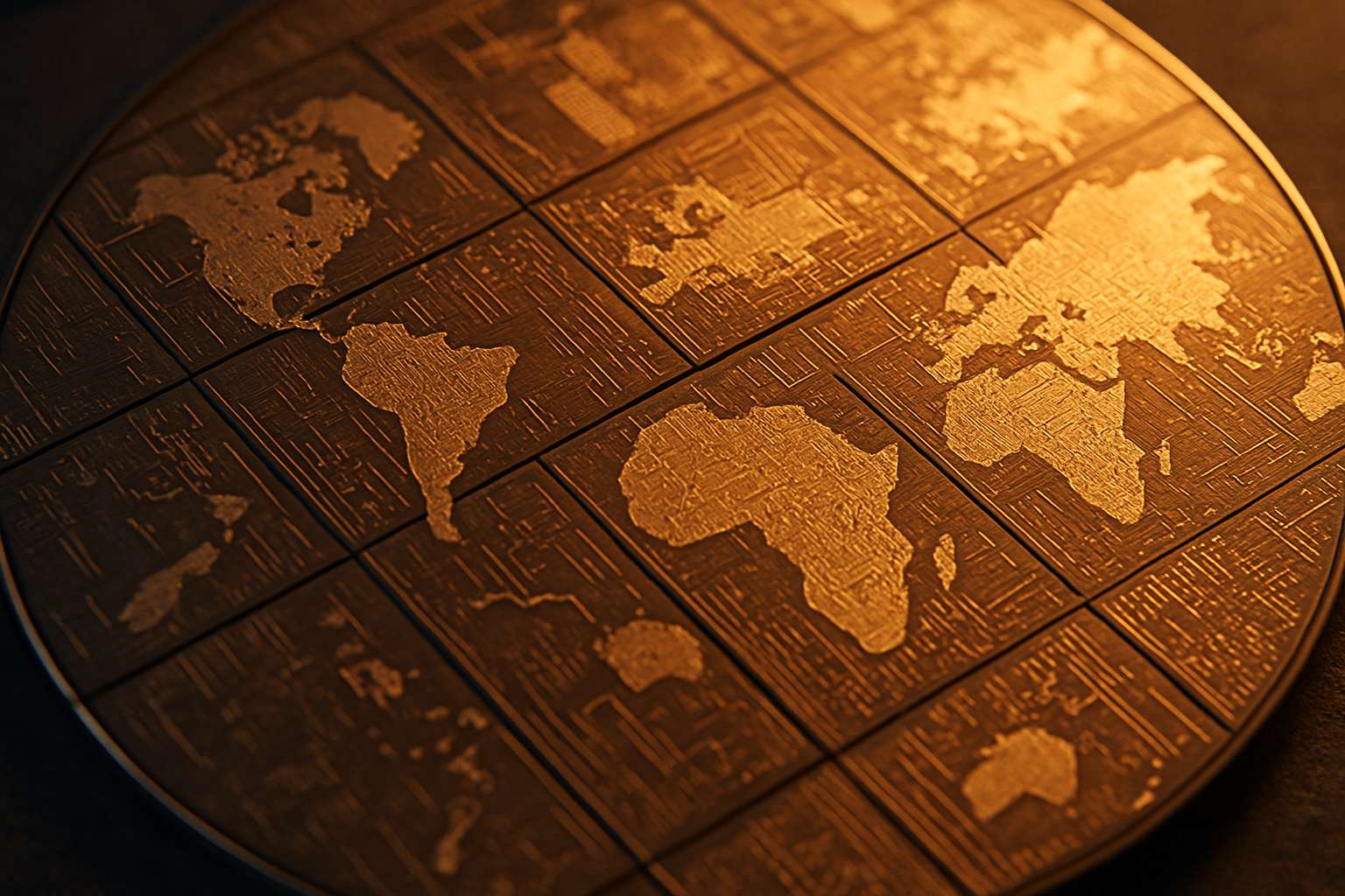 Regional Hardware represented by silicon wafer etched with circuits and regional outlines.
