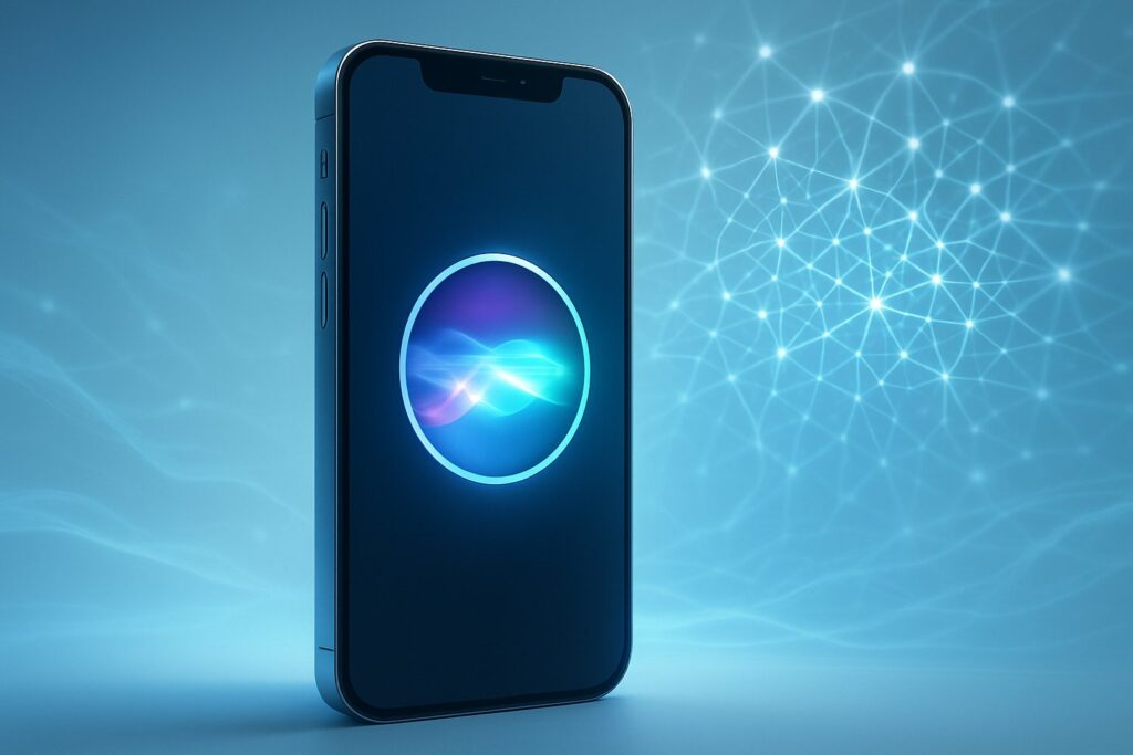 Apple Siri Gemini integration shown as AI neural network merging with Siri on iPhone.