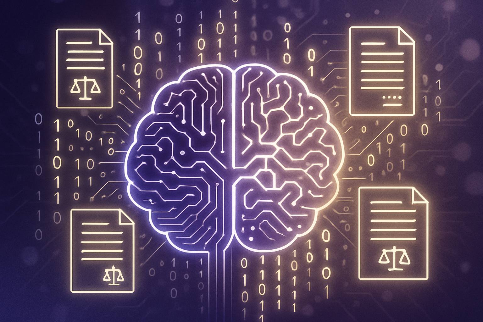 Legal Tech artificial intelligence analyzing and producing digital legal contracts.