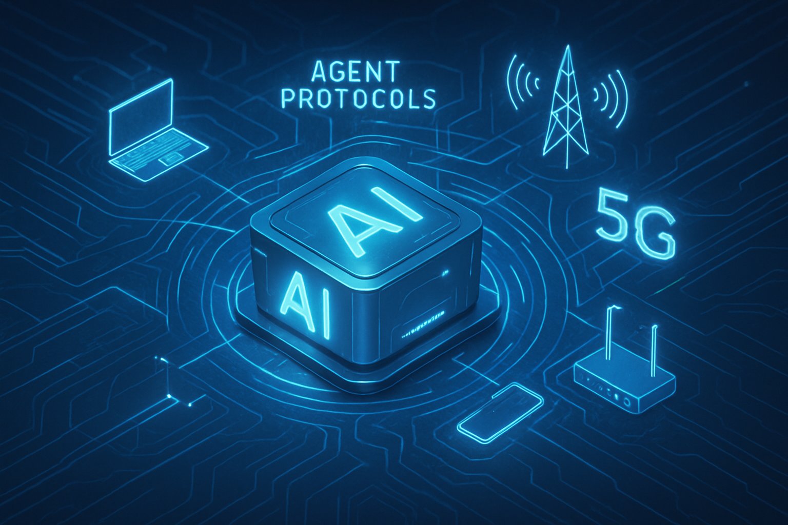 AI core network hub showing agent protocols in advanced Telecommunications.
