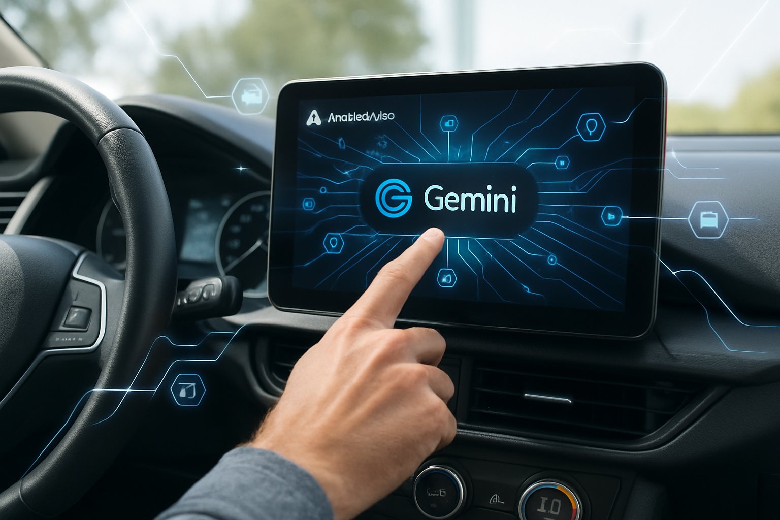 Driver uses AI Mobility Integration with Gemini AI on Android Auto touchscreen.
