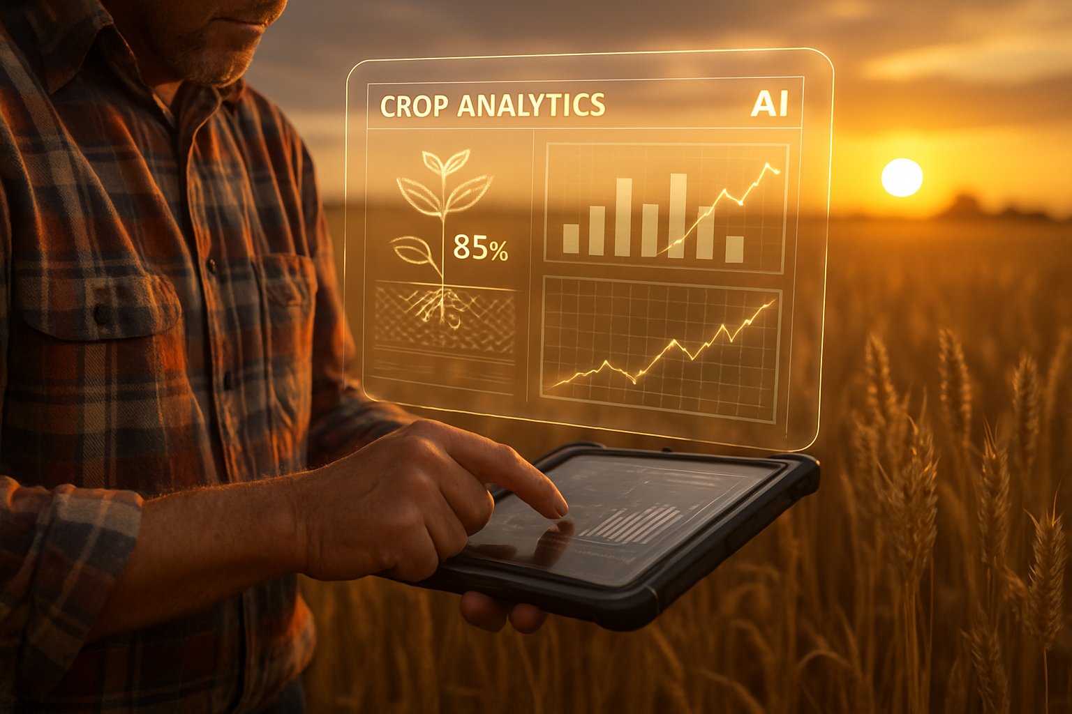 Farmer uses Agricultural AI tablet for predictive analytics in a wheat field.