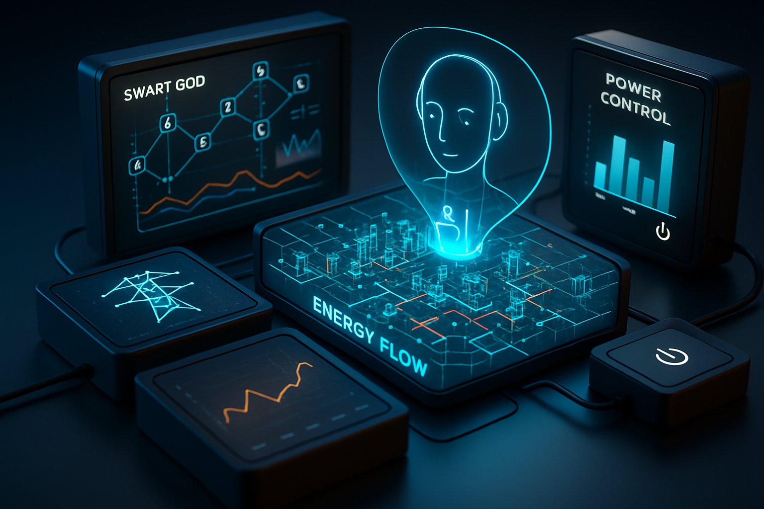 Modular smart grid AI control center managing megacity energy efficiently.