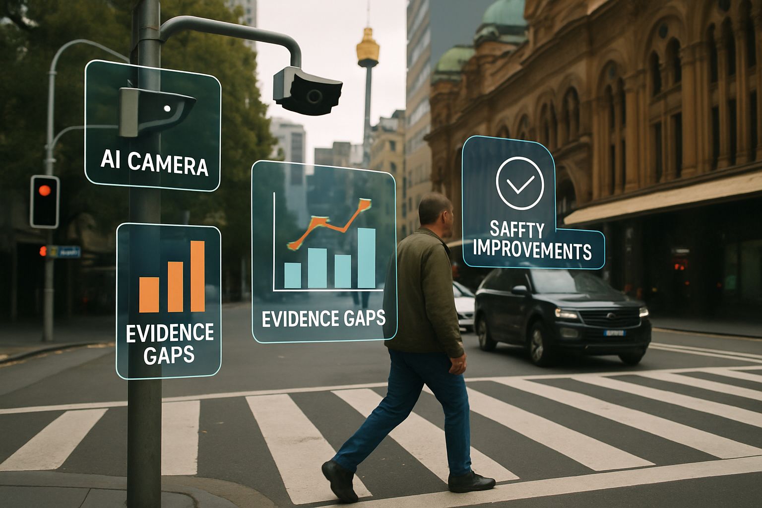Pedestrian crossing in Sydney enhanced by Municipal AI cameras and data visualization overlays.