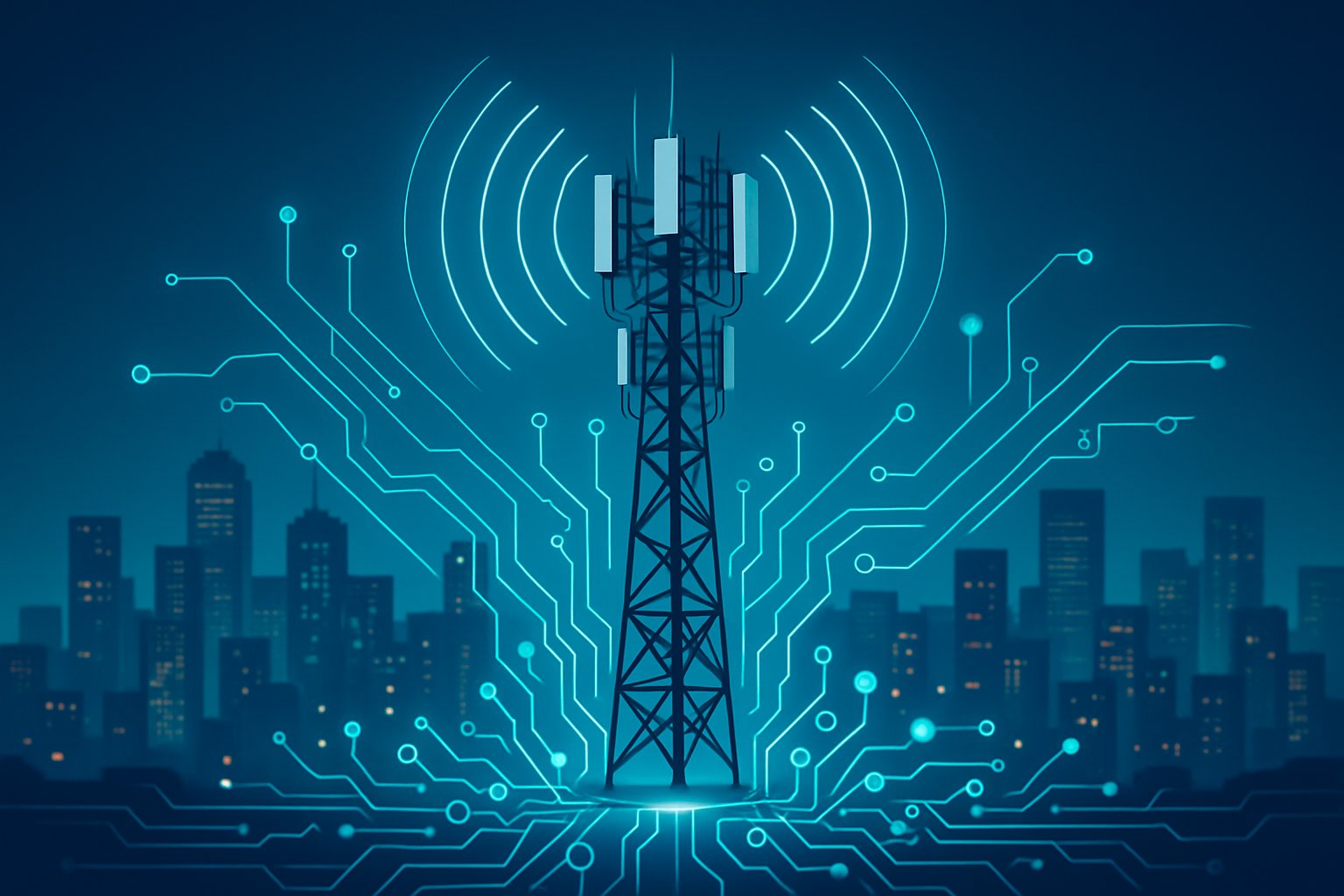 AI network optimization enhancing 5G cell tower performance for urban connectivity.
