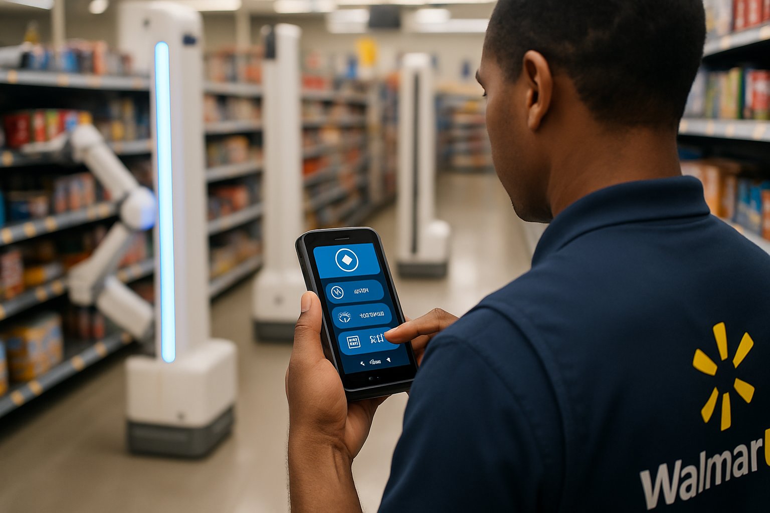 Retail Workforce AI Shift at Walmart with associates using AI devices.