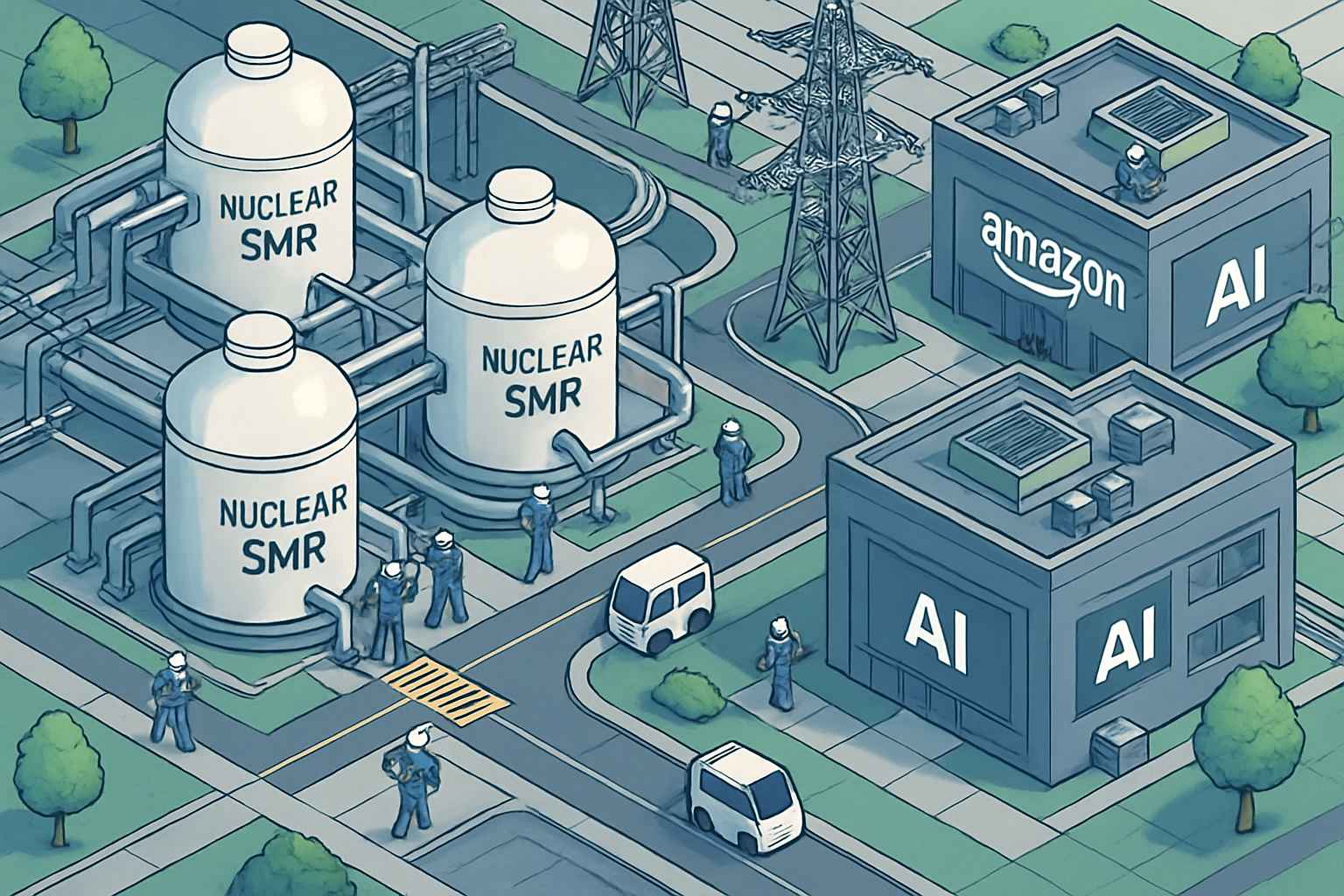 Isometric scene of energy infrastructure expansion featuring SMRs and Amazon AI data centers.